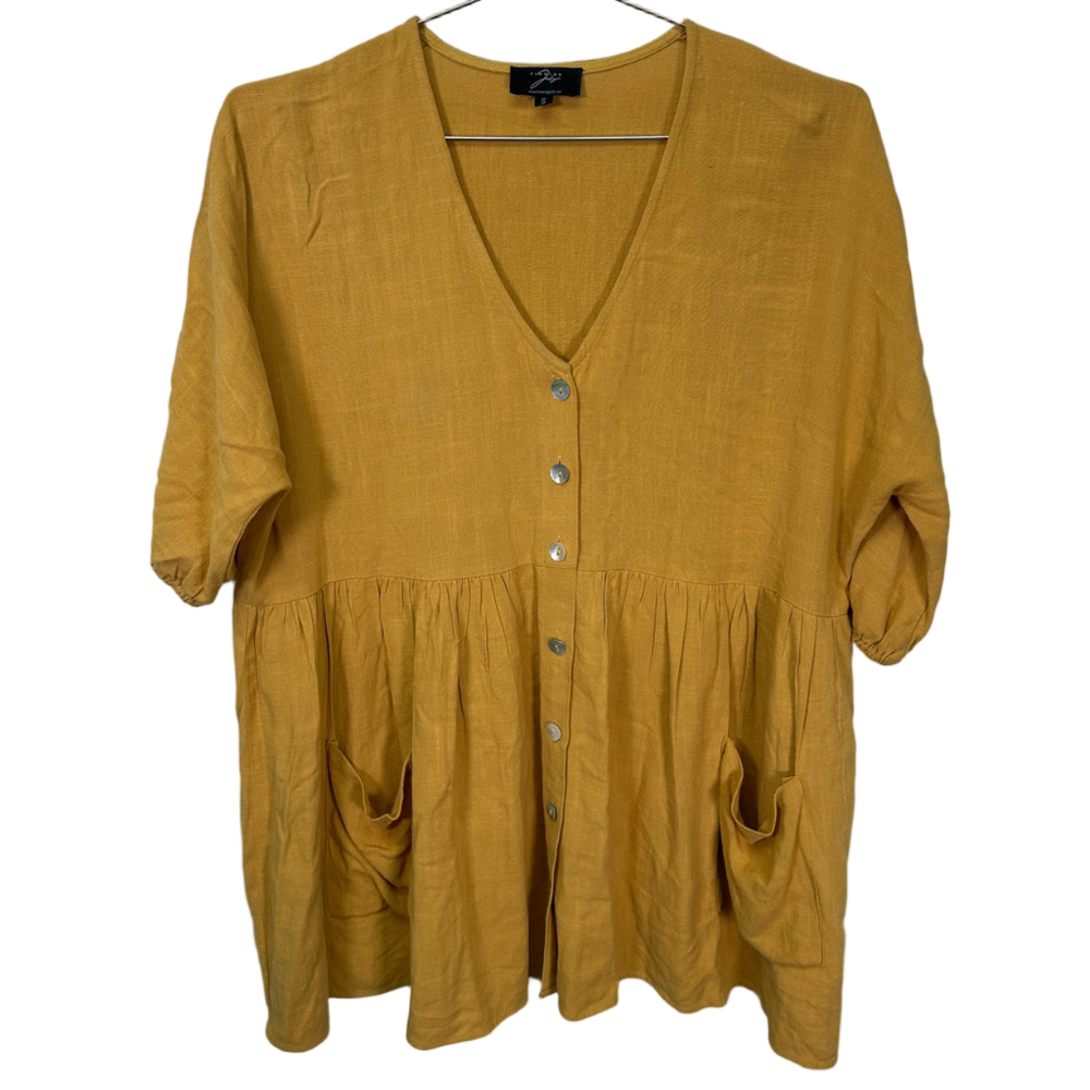 Mustard Yellow Oversized Babydoll Short Sleeve Flowy Blouse Small‎
